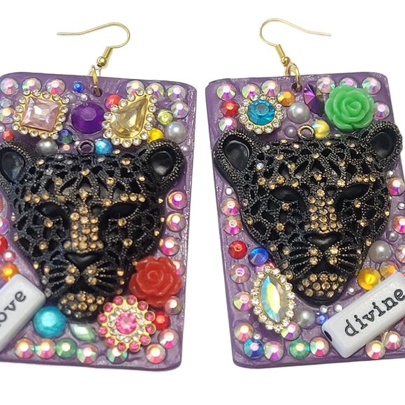 Glam Leopard Earrings – Sparkly Rhinestone & Beaded Animal Statement Jewelry - Picture 2 of 3